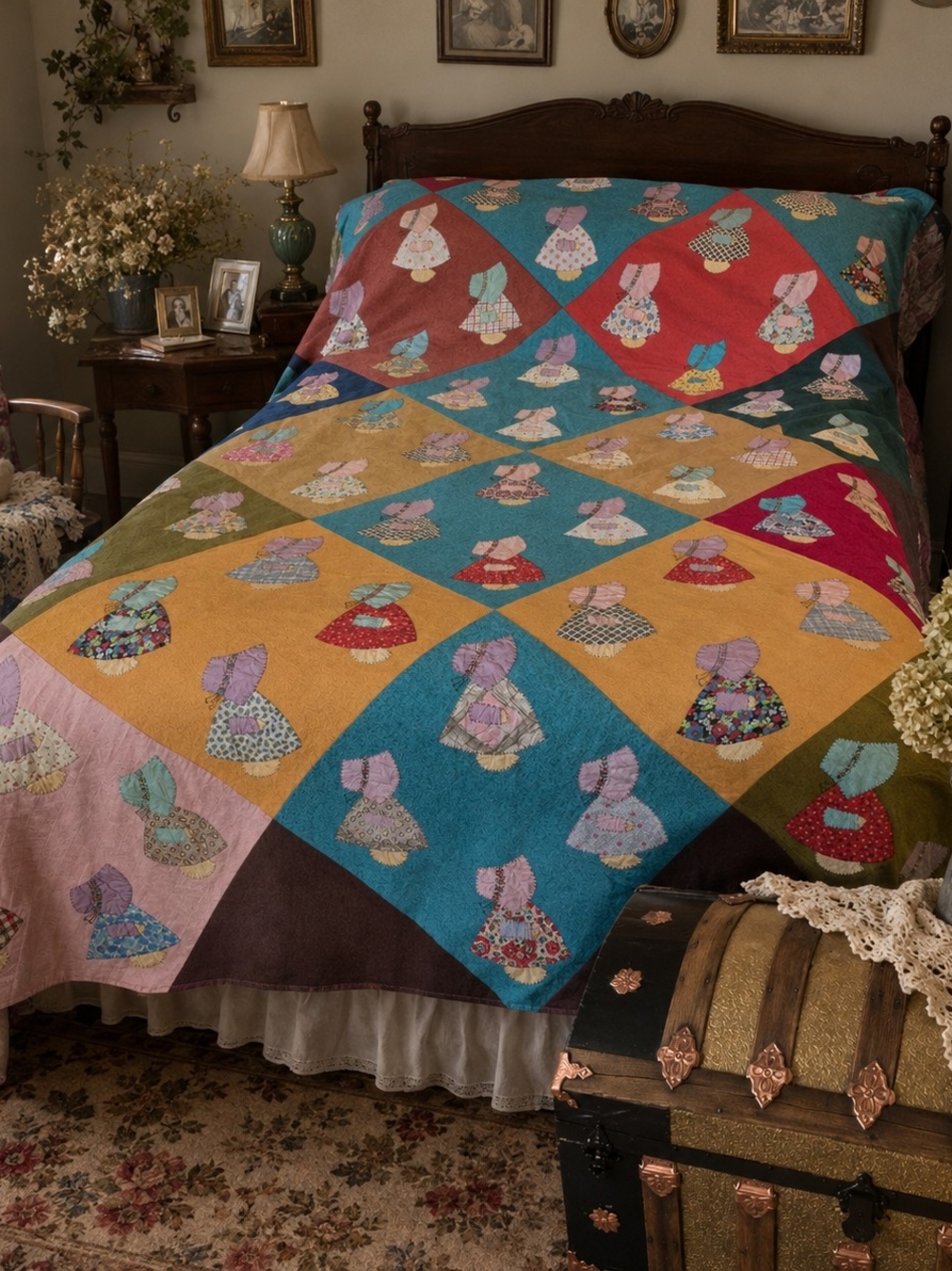 Vintage Handmade Sunbonnet Sue Quilt Queen Handmade Cotton Hand Appliqué 89x94